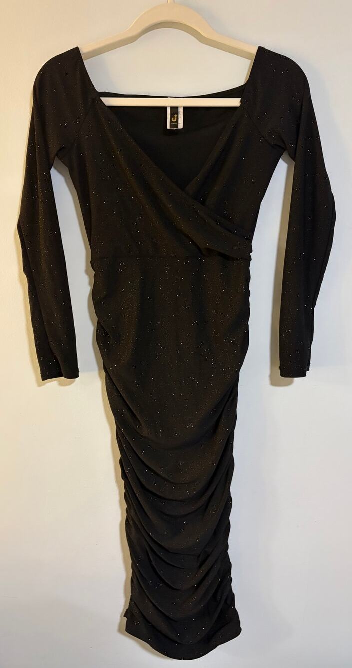 Uptown Black Glitter Ruched Bodycon Midi Dress Long Sleeve Size M